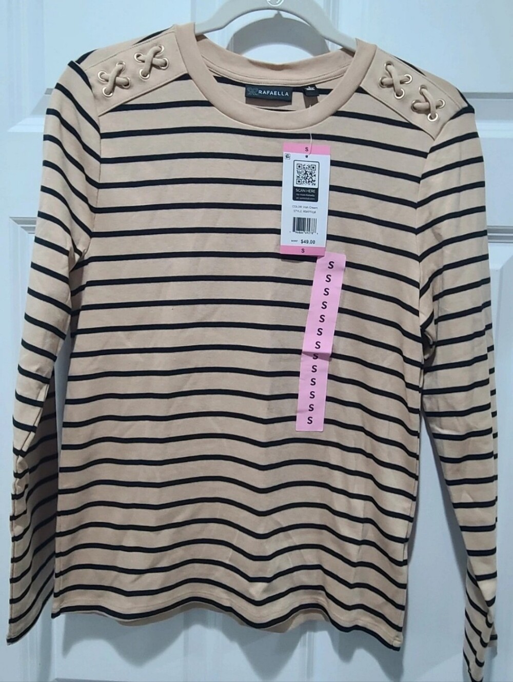 NWT Rafaella Tan Black Striped Long sleeve Shoulder Grommet Shirt Sz SMALL